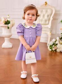 SHEIN 嬰兒花卉刺繡彼得潘領泡泡袖連衣裙 - 紫丁香色 - 查看 6