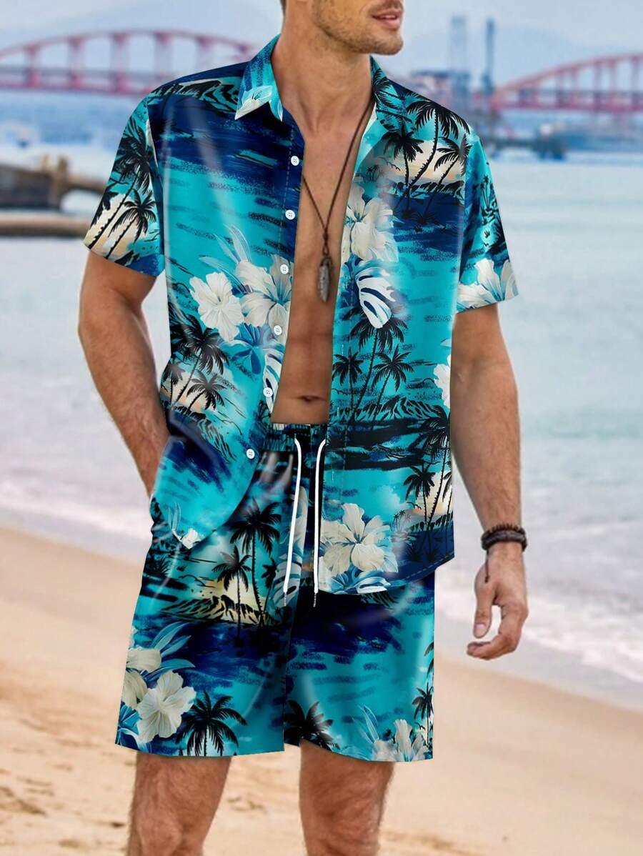Manfinity RSRT 男士熱帶圖案襯衫和腰部抽繩短褲不帶T恤 - 彩色 - 查看 1