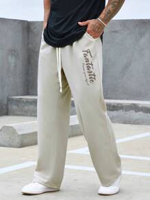 Manfinity Homme 散身男士字母印花束口腰直筒褲 - 杏色 - 查看 1