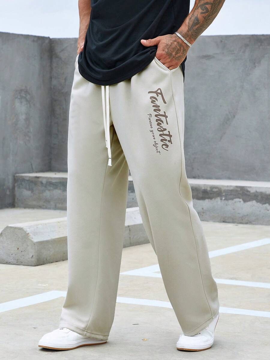 Manfinity Homme 散身男士字母印花束口腰直筒褲 - 杏色 - 查看 1