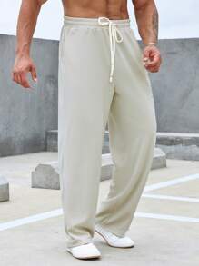 Manfinity Homme 散身男士字母印花束口腰直筒褲 - 杏色 - 查看 3