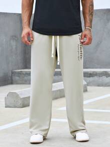 Manfinity Homme 散身男士字母印花束口腰直筒褲 - 杏色 - 查看 5