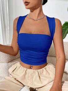 SHEIN EZwear Áo khoác và áo lót dành cho xe tăng nữ Xù màu trơn Giải trí - Xanh đậm - Xem 1