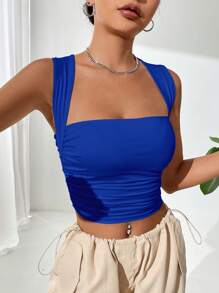 SHEIN EZwear Áo khoác và áo lót dành cho xe tăng nữ Xù màu trơn Giải trí - Xanh đậm - Xem 6