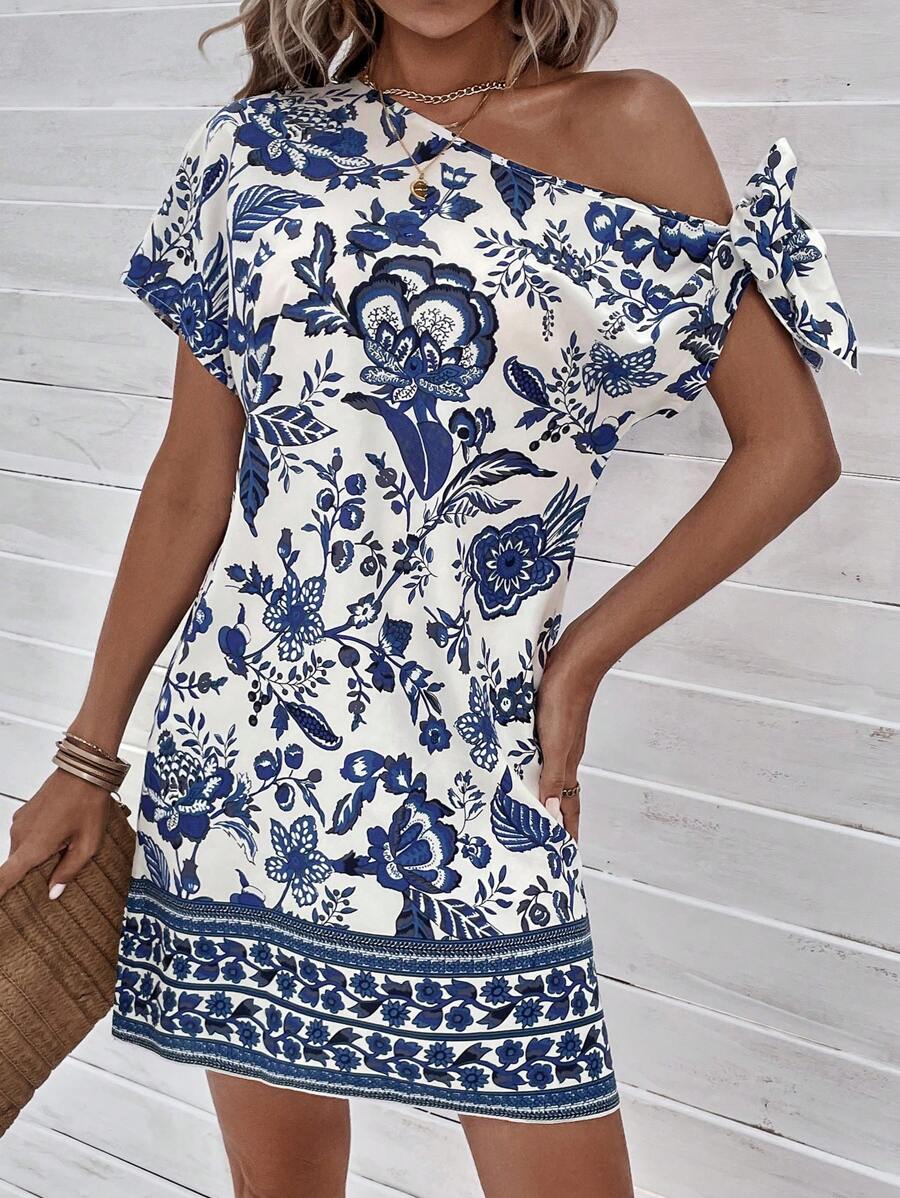 SHEIN LUNE 印花不對稱領側打結洋裝 - 藍白色 - 查看 1