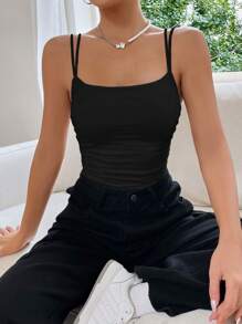 SHEIN Essnce Solid Ruched Cami Bodysuit - Black - View 6