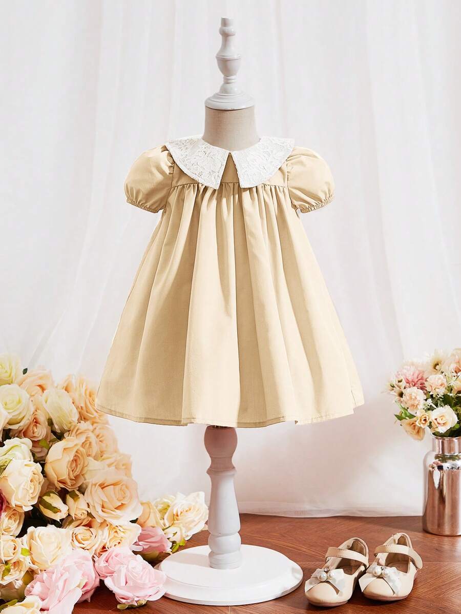 SHEIN Đầm em bé Tương phản ren Dây kéo Khối Màu - Màu be - Xem 1