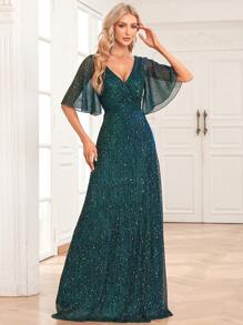 Double V Shiny Lotus Leaf Sleeves Prom Dress - Dark Green - View 3