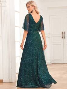 Double V Shiny Lotus Leaf Sleeves Prom Dress - Dark Green - View 4