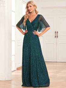 Double V Shiny Lotus Leaf Sleeves Prom Dress - Dark Green - View 2