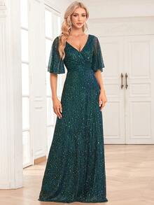 Double V Shiny Lotus Leaf Sleeves Prom Dress - Dark Green - View 6