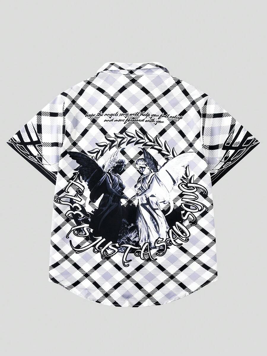 ROMWE MEN Street Life 男士格紋和人像圖案前排扣襯衫 - 彩色 - 查看 1