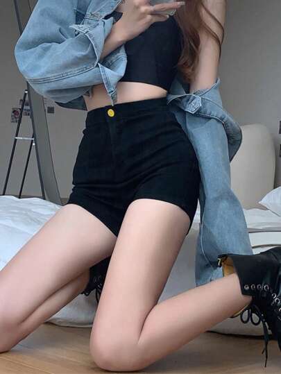 Solid High Waist Denim Shorts