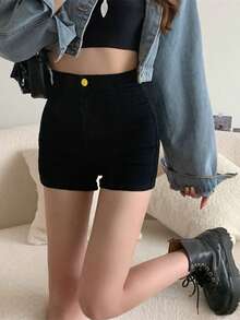 素色高腰牛仔短褲
