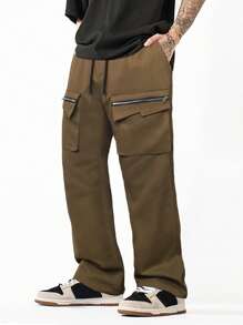 Manfinity LEGND Men Zipper Pocket Side Drawstring Waist Pants - Brown - View 1