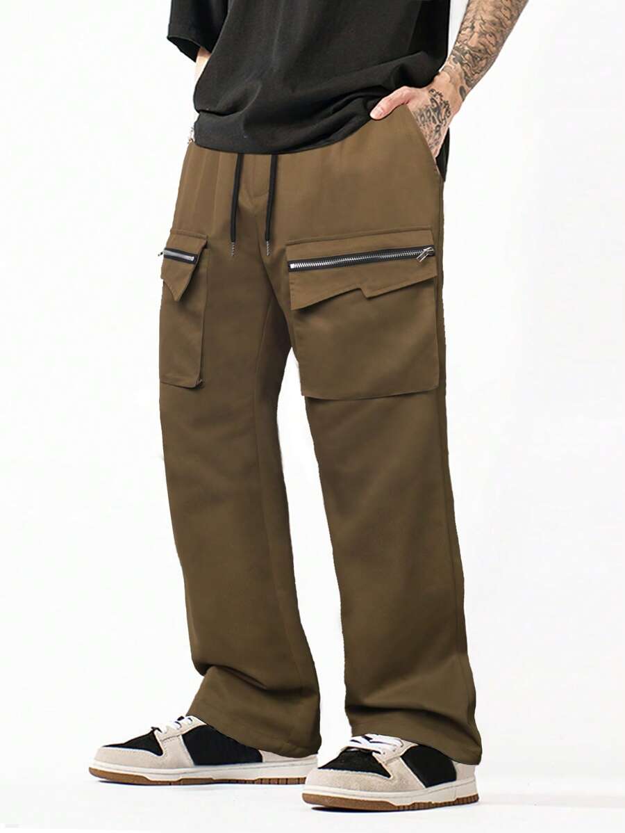 Manfinity LEGND Men Zipper Pocket Side Drawstring Waist Pants - Brown - View 1
