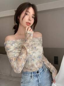 DAZY 花卉印花露肩褶饰网眼罩层上衣，秋季女装 - 彩色 - 查看 4