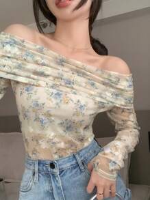 DAZY 花卉印花露肩褶饰网眼罩层上衣，秋季女装 - 彩色 - 查看 6