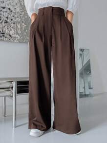 DAZY High Waist Plicated Detail Wide Leg Suit Trousers - Coffee Brown - View 1