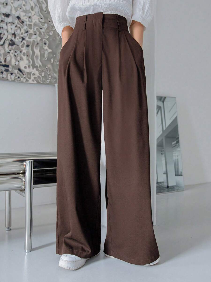 DAZY High Waist Plicated Detail Wide Leg Suit Trousers - Coffee Brown - View 1