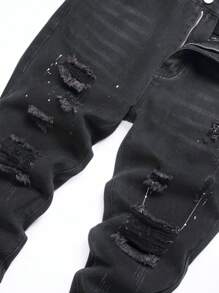 男士泼墨印花破洞磨边猫抓紧身牛仔裤 - 黑色 - 查看 4