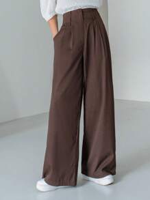 DAZY High Waist Plicated Detail Wide Leg Suit Trousers - Coffee Brown - View 3