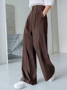DAZY High Waist Plicated Detail Wide Leg Suit Trousers - Coffee Brown - View 5