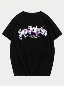 ROMWE MEN Street Life Men Cotton Letter Graphic Tee, School - Black - View 2