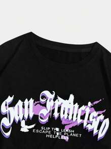 ROMWE MEN Street Life Men Cotton Letter Graphic Tee, School - Black - View 3