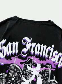 ROMWE MEN Street Life Men Cotton Letter Graphic Tee, School - Black - View 4