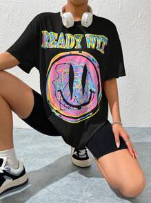 SHEIN EZwear Cartoon & Letter Graphic Drop Shoulder Tee & Biker Shorts - Black - View 1