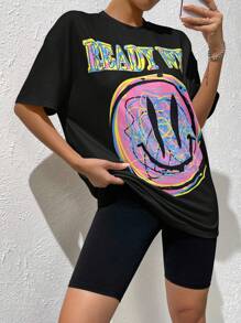 SHEIN EZwear Cartoon & Letter Graphic Drop Shoulder Tee & Biker Shorts - Black - View 4