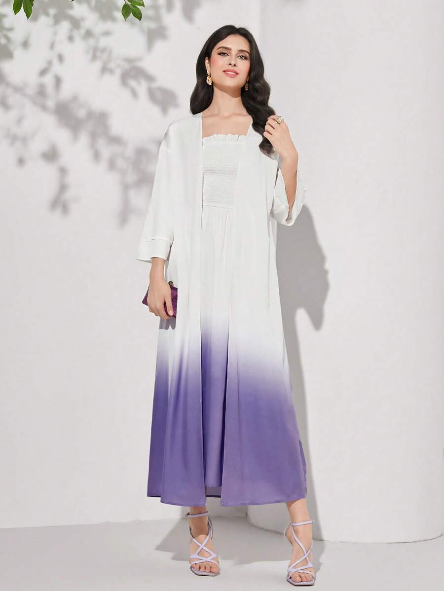 SHEIN Mulvari Drop Shoulder Open Front Coat & Ombre Print Tube Dress