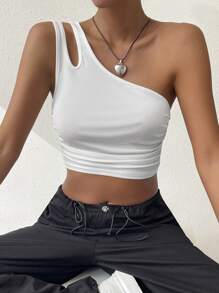 SHEIN EZwear Top crop de un hombro con abertura fruncido lateral - Blanco - Ver 3