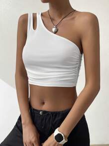 SHEIN EZwear Top crop de un hombro con abertura fruncido lateral - Blanco - Ver 4