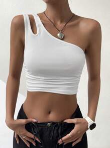 SHEIN EZwear Top crop de un hombro con abertura fruncido lateral - Blanco - Ver 5