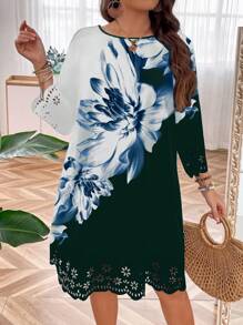 EMERY ROSE Plus Floral Print Laser Cut Scallop Trim Dress - Green - View 1