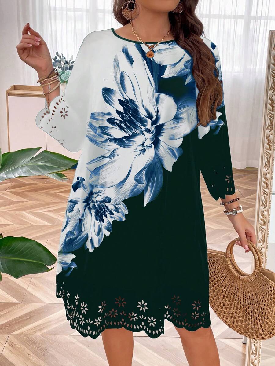 EMERY ROSE Plus Floral Print Laser Cut Scallop Trim Dress - Green - View 1