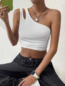 SHEIN EZwear Top crop de un hombro con abertura fruncido lateral - Blanco - Ver 6