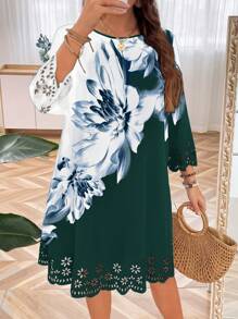 EMERY ROSE Plus Floral Print Laser Cut Scallop Trim Dress - Green - View 3
