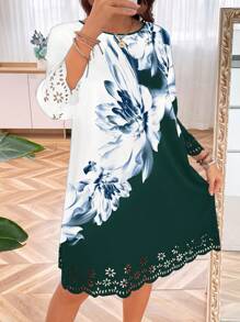 EMERY ROSE Plus Floral Print Laser Cut Scallop Trim Dress - Green - View 4