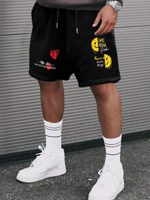 Manfinity EMRG Loose Fit Men's Heart & Slogan Graphic Printed Elastic Waist Shorts - Black - View 1