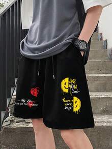 Manfinity EMRG Loose Fit Men's Heart & Slogan Graphic Printed Elastic Waist Shorts - Black - View 6