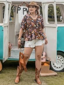 Rusttydustty 大碼印花蝴蝶袖荷葉邊下擺襯衫 - 彩色 - 查看 4