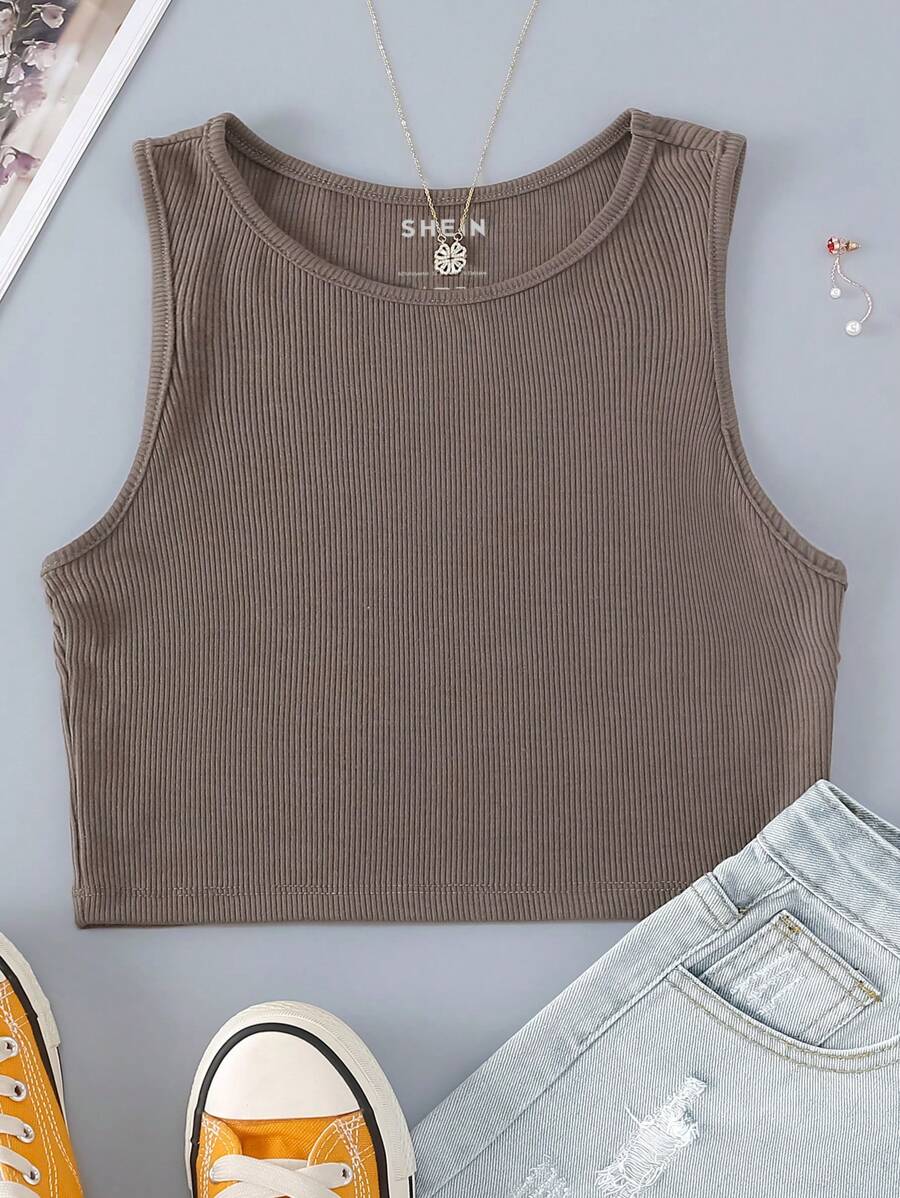 INAWLY Solid Rib-knit Crop Tank Top