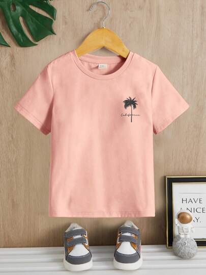 SHEIN Young Boy Casual Comfortable Short Sleeve T-Shirt With Letter And Coconut Tree Print