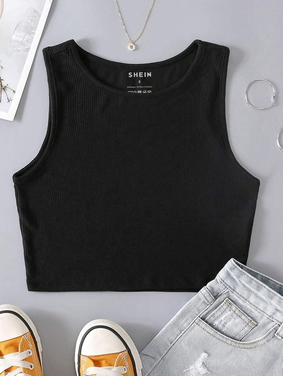 INAWLY Solid Crop Tank Top - Black - View 1