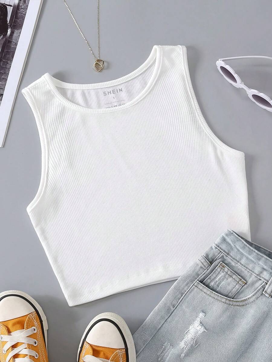 SHEIN Essnce Top tank unicolor tejido de canalé - Blanco - Ver 1