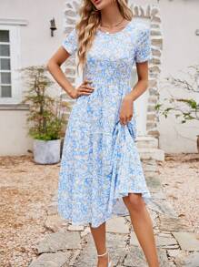 滿版印花A字洋裝 - 藍白色 - 查看 1