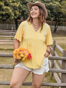 Rusttydustty 女士加大码紫色花卉 V 领短袖衬衫海滩度假野餐音乐节婚礼季 - 黃色 - 查看 5